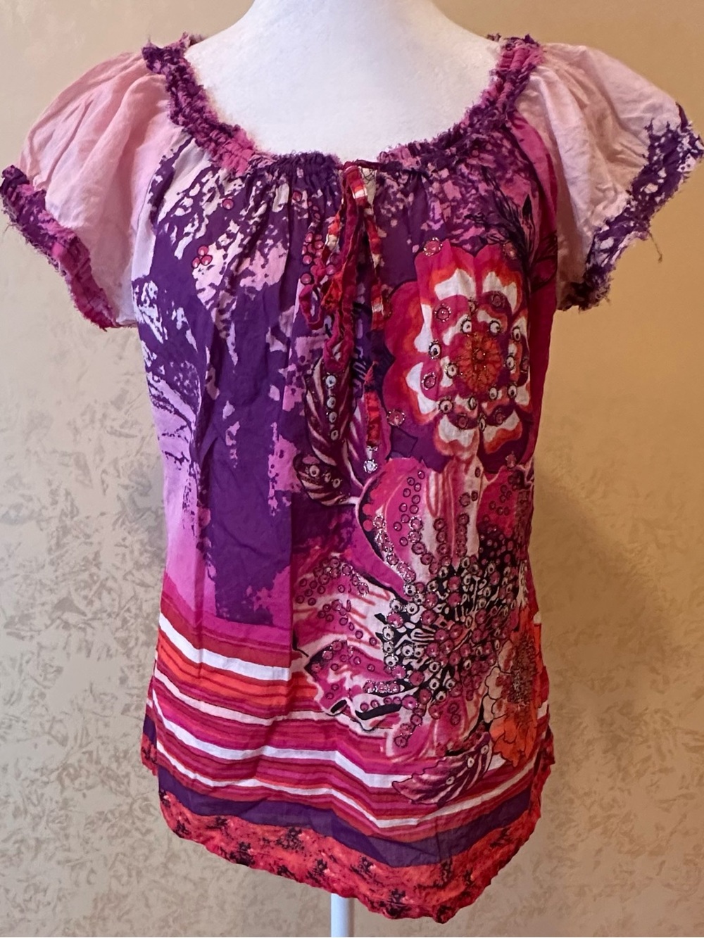 Boho Floral Tie-Front Peasant Top in Purple and Pink